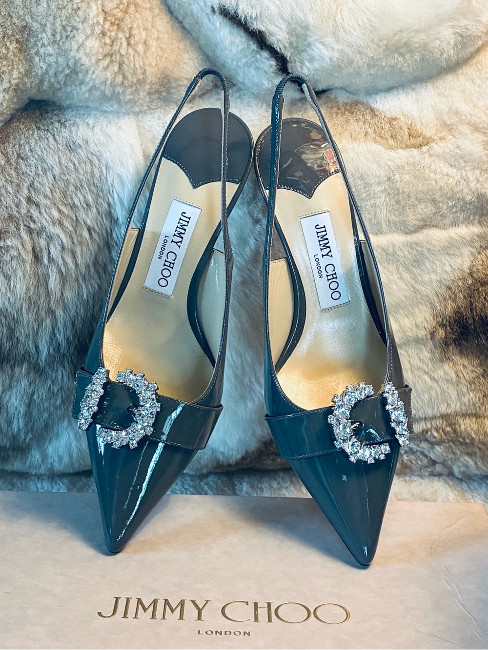 ✨ Jimmy Choo Cheri SB65 Patent Slingback Pointed Toe Pumps w Crystal Buckle NWT - Picture 15 of 17